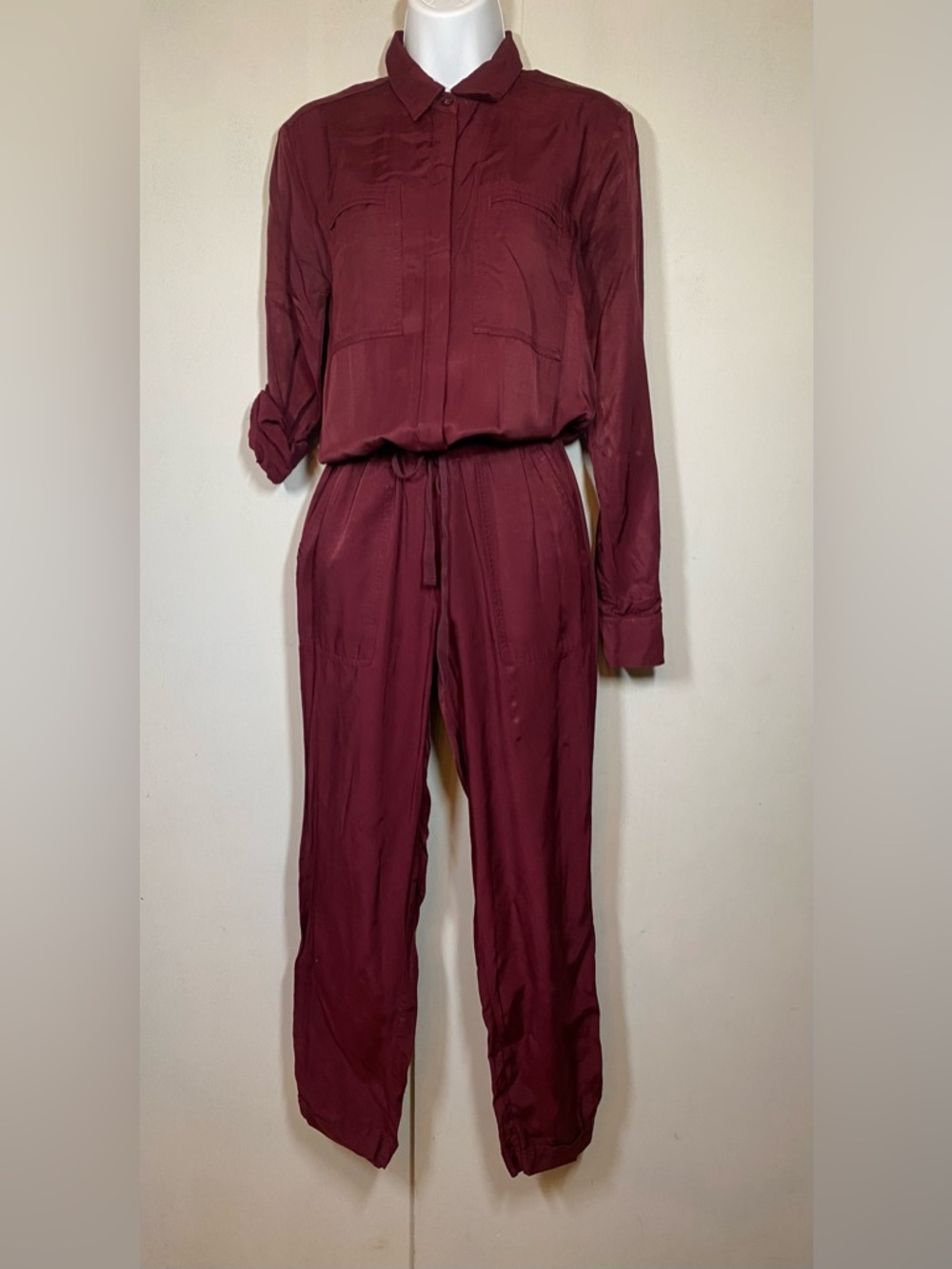 LOFT Burgundy Long-Sleeve Drawstring Jumpsuit - Picture 2 of 5